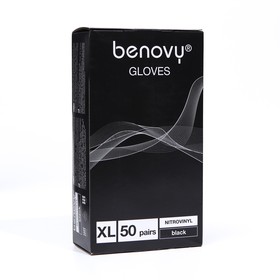 Перчатки Benovy Nitrovinyl нитровиниловые, гладкие, черные, размер XL, 50 пар в упаковке