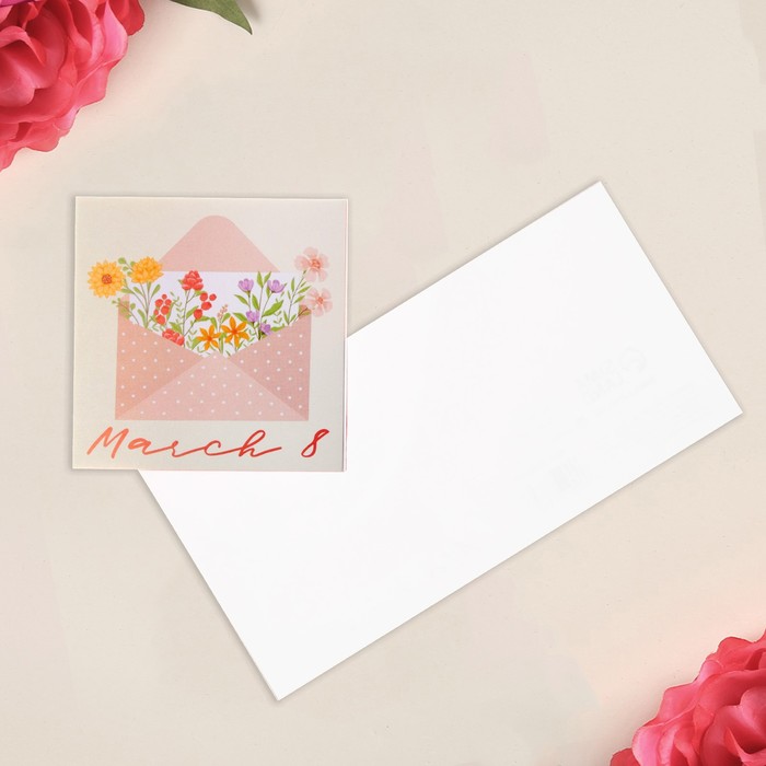Открытка-мини March 8, конверт с цветами, 7 × 7 см - Фото 1