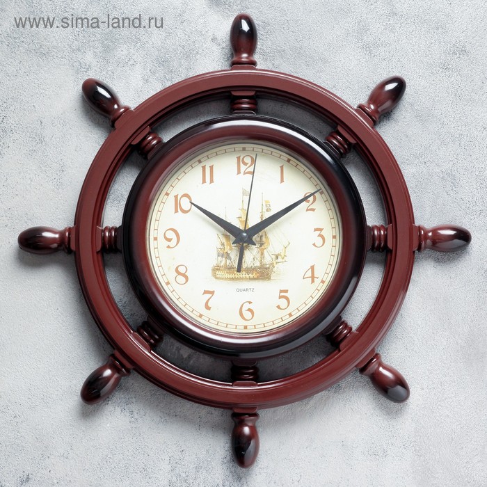 Часы настенные, серия: Море, "Штурвал", плавный ход, d-35 см, коричневая патина - Фото 1