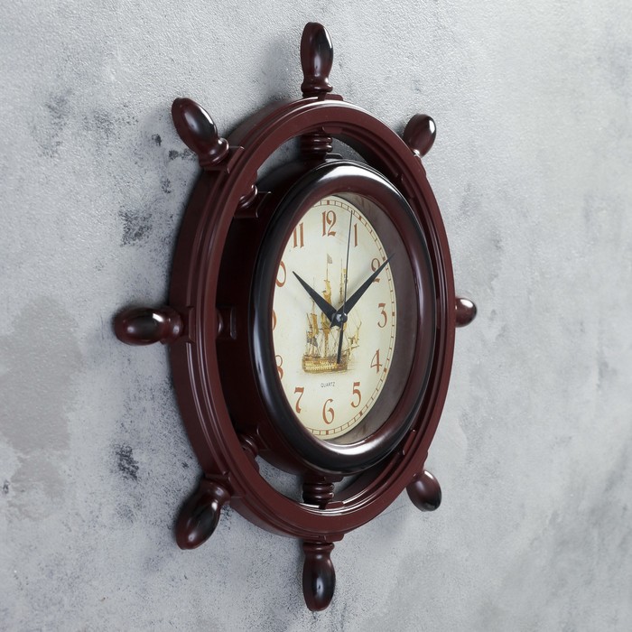 Часы настенные, серия: Море, "Штурвал", плавный ход, d-35 см, коричневая патина - фото 1887646105