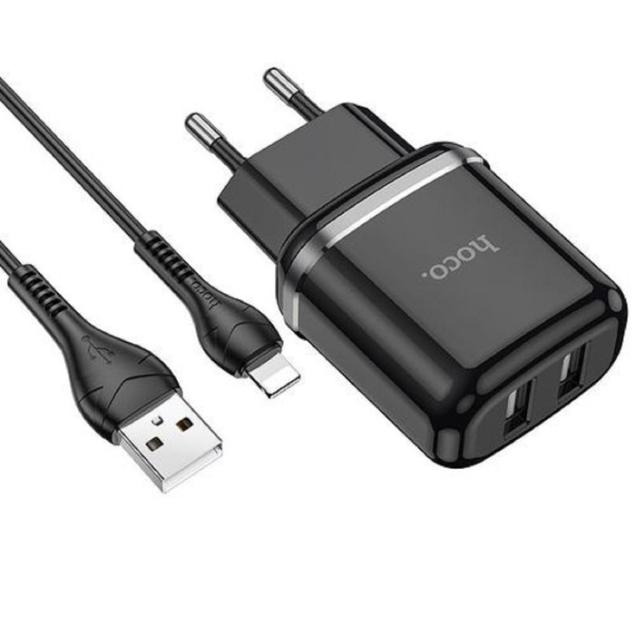 Сетевое зарядное устройство Hoco N4, 2хUSB, 2.4 А, кабель Lightning, 1 м, черное - фото 51454125