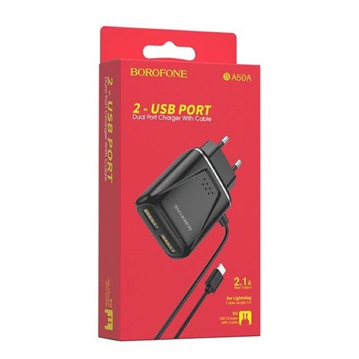 Сетевое зарядное устройство Borofone BA50A, 2хUSB, 2.1 А, кабель Lightning, 1 м, черное - фото 51454139