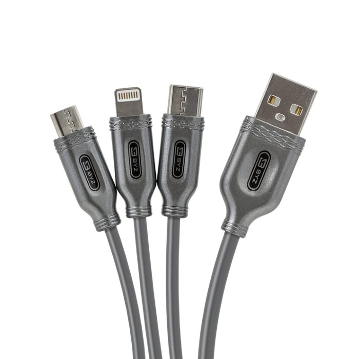 Кабель 3 в 1 BYZ BL-699 , USB - microUSB/Lightning/Type-C, 3.1 А, 1.2 м, серебристый - Фото 1