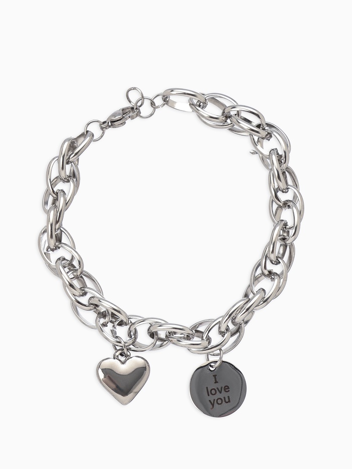 Браслет металл «Цепь» объёмное сердце и медальон, цвет серебро, L=19 см - Фото 1