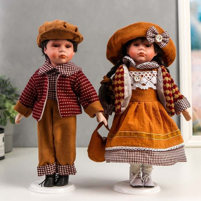 Кукла коллекционная парочка набор 2 шт "Поля и Кирилл в одежде цвета охра" 30 см - Фото 1