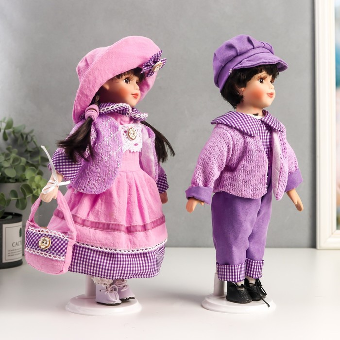 Кукла коллекционная парочка набор 2 шт "Тася и Миша в сиреневых нарядах" 30 см - фото 1905892987