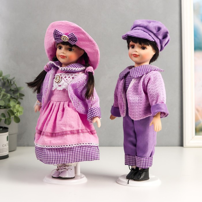 Кукла коллекционная парочка набор 2 шт "Тася и Миша в сиреневых нарядах" 30 см - фото 1879334322