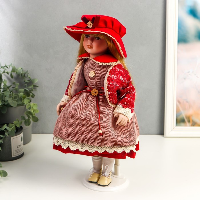 Кукла коллекционная керамика "Машенька в коралловом платье и бордовом жакете" 40 см 52034