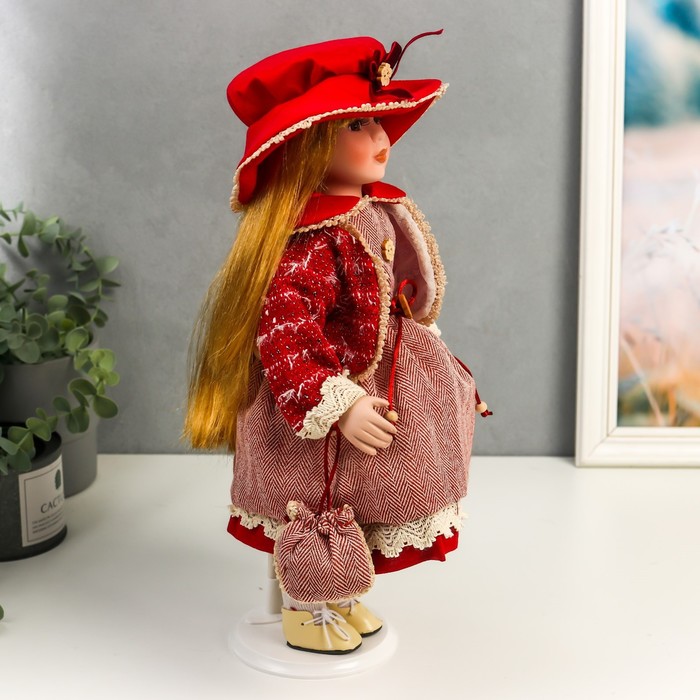 Кукла коллекционная керамика "Машенька в коралловом платье и бордовом жакете" 40 см 52034