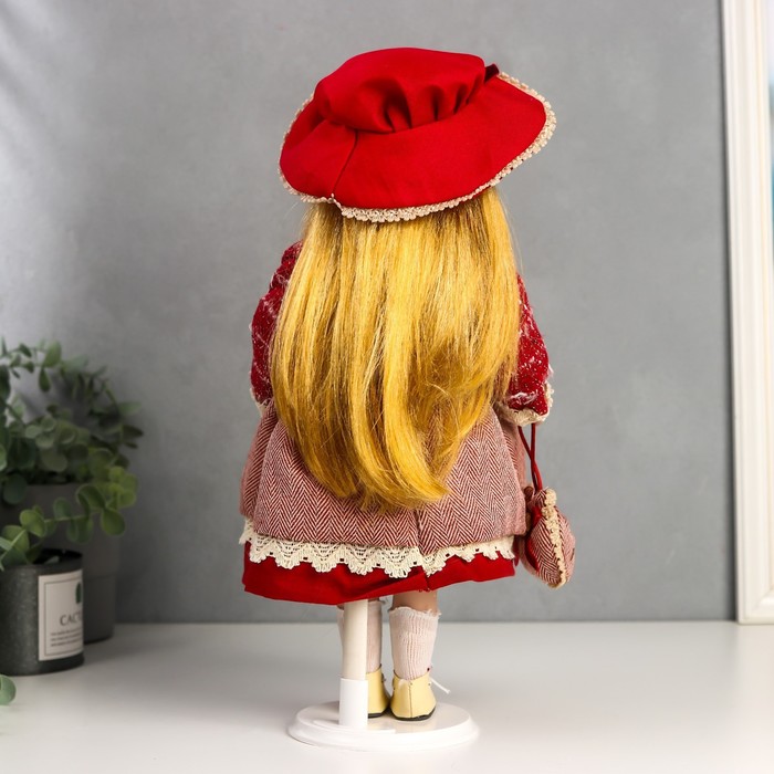 Кукла коллекционная керамика "Машенька в коралловом платье и бордовом жакете" 40 см 52034