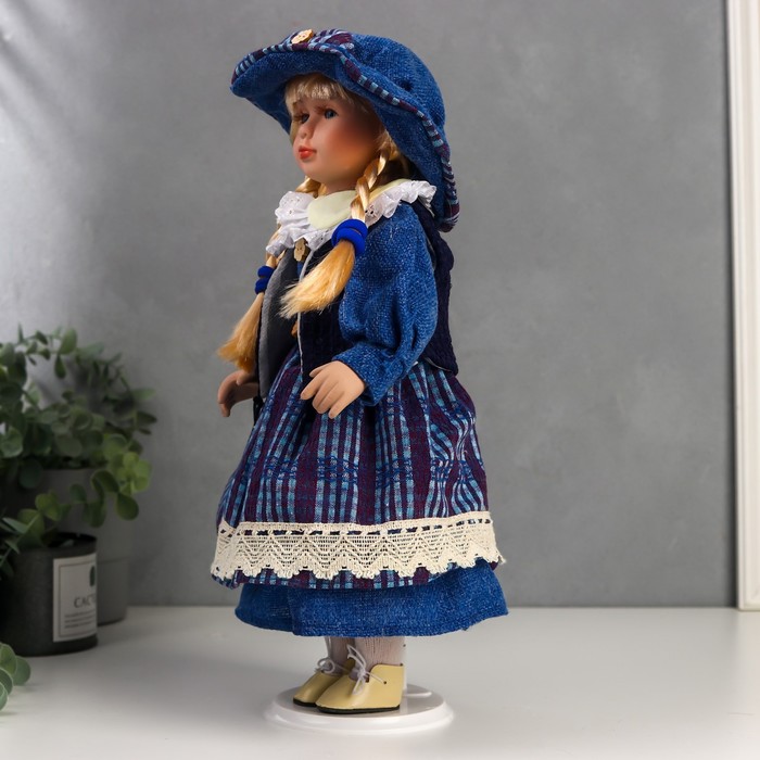 Кукла коллекционная керамика "Сашенька в ярко-синем наряде в клетку" 40 см 52035