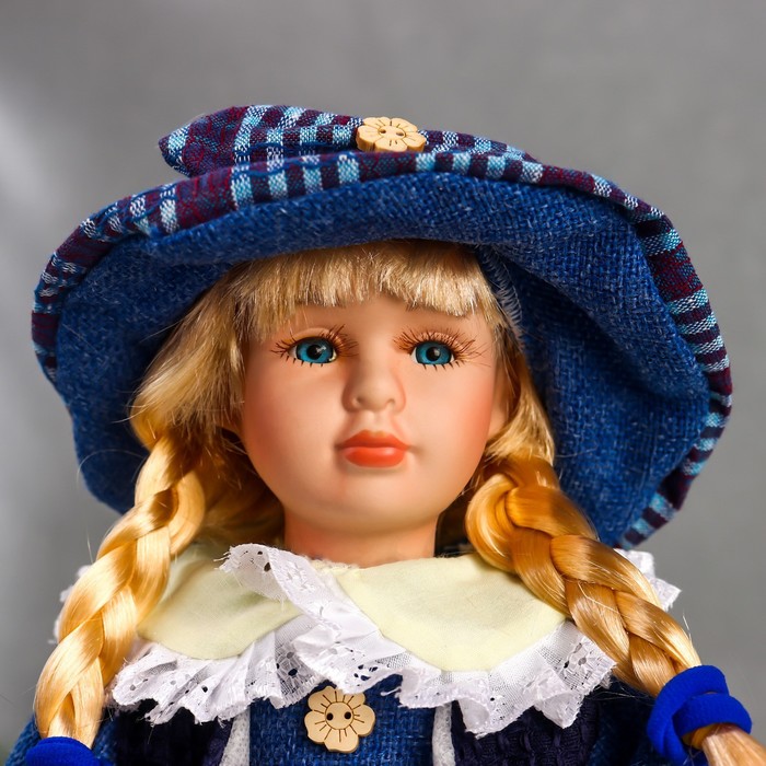 Кукла коллекционная керамика "Сашенька в ярко-синем наряде в клетку" 40 см 52035