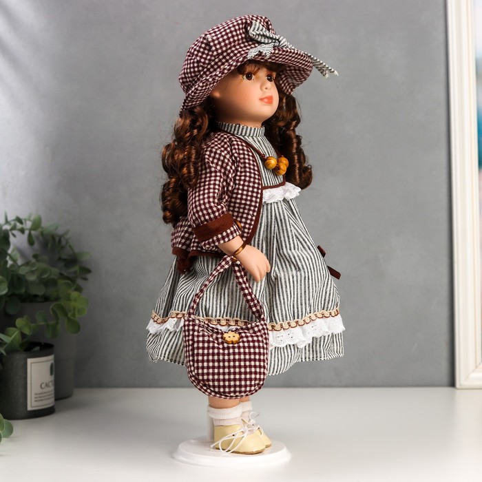 Кукла коллекционная керамика "Кристина в платье с серыми полосками" 40 см 52039