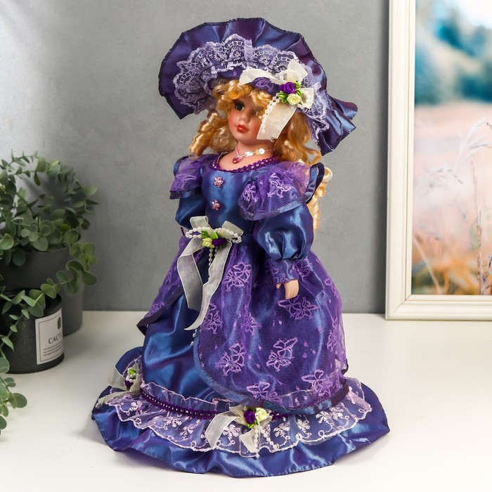 Кукла коллекционная керамика "Леди Лилия в ярко-синем платье с кружевом" 40 см 52041