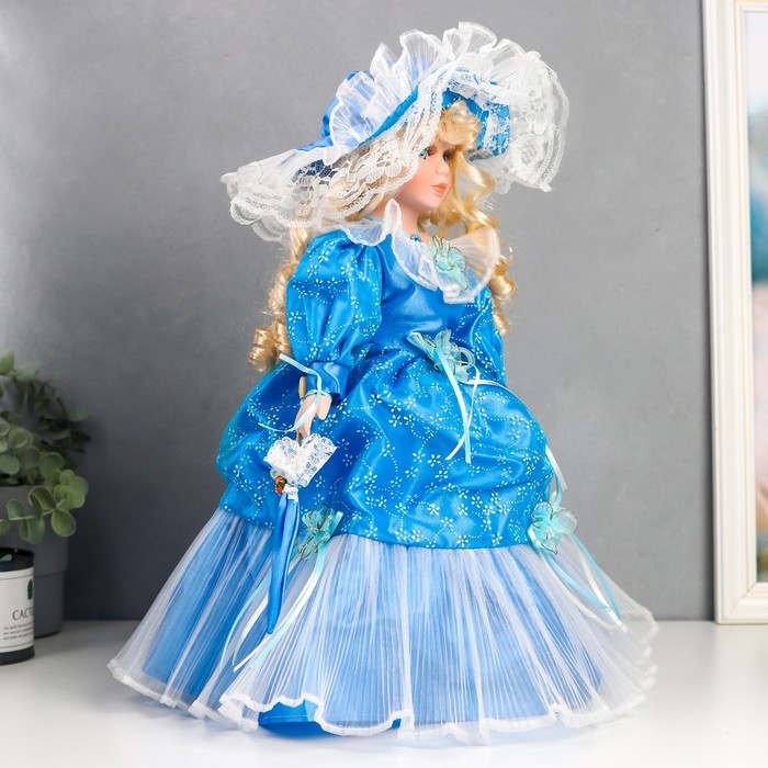 Кукла коллекционная керамика "Леди Олеся в голубом платье с цветами" 40 см 52042
