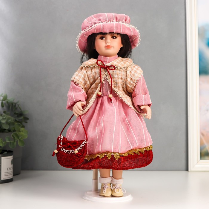 Кукла коллекционная керамика "Ксюшенька в платье в клетку цвета пыльной розы" 40 см - Фото 1