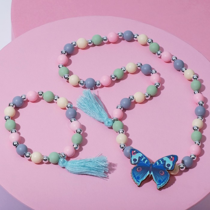 Набор детский "Выбражулька" 2 предмета: бусы, браслет, бабочка, с кисточками, цветной - фото 1910274900
