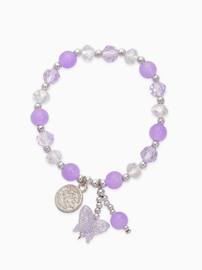Браслет «Радость» монетка и бабочки, цвет бело-сиреневый в серебре, d=7 см