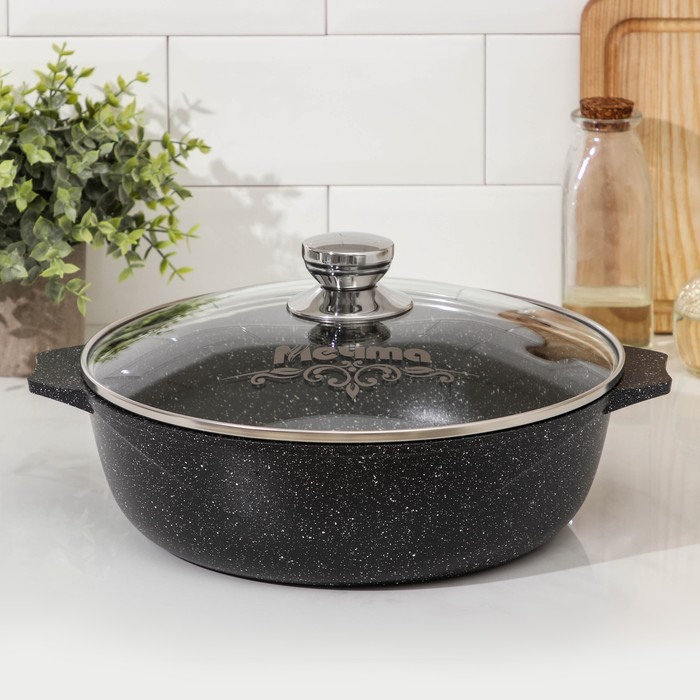 Жаровня «Гранит Black» Induction Pro, 4 л, d=28 см, стеклянная крышка, антипригарное покрытие, индукция, цвет чёрный - Фото 1