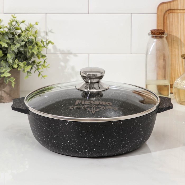Жаровня Мечта «Гранит Black» Induction Pro, 3 л, d=28 см, стеклянная крышка, антипригарное покрытие, индукция, чёрная - Фото 1