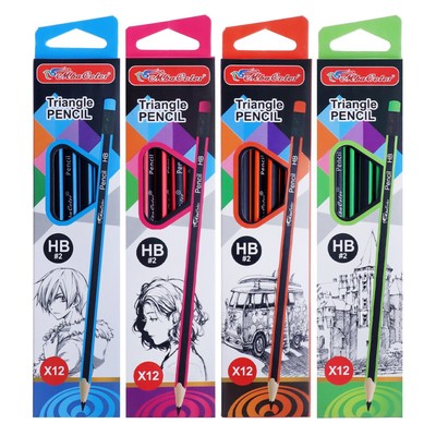 Карандаш чернографитный твёрдость НВ, с ластиком, треугольный, заточенный, корпус МИКС