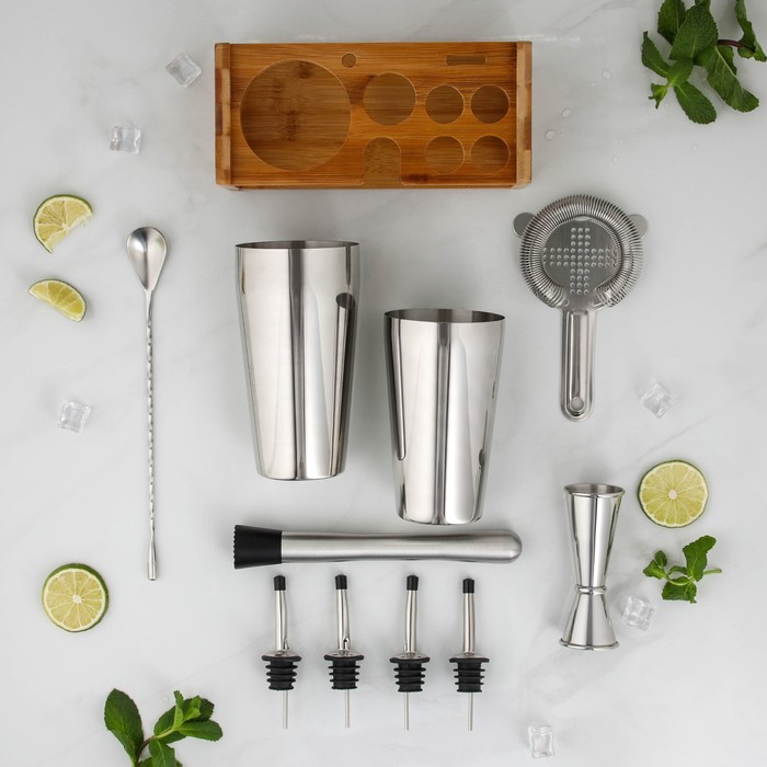 Набор бармена Olander, 10 предметов на подставке, нержавеющая сталь, серебристый - Фото 1