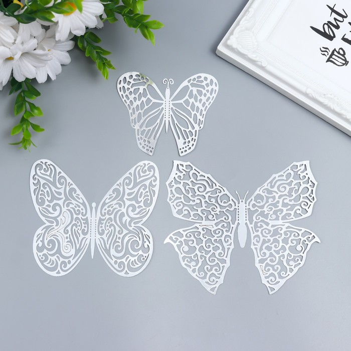 Наклейка пластик "Бабочки серебро ажурная" набор 12 шт 12 см, 10 см 8 см
