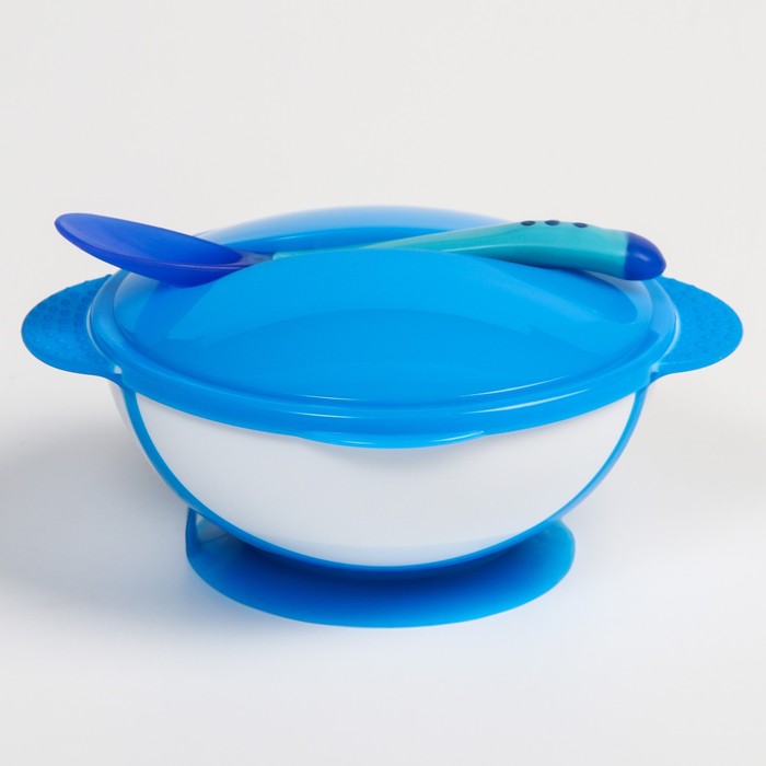 Набор для кормления: миска на присоске 340 мл., с крышкой, термоложка, цвет синий - фото 1907342873