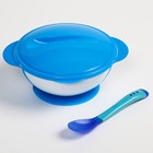 Набор для кормления: миска на присоске 340 мл., с крышкой, термоложка, цвет синий - Фото 3