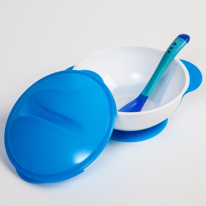 Набор для кормления: миска на присоске 340 мл., с крышкой, термоложка, цвет синий - фото 1907342874