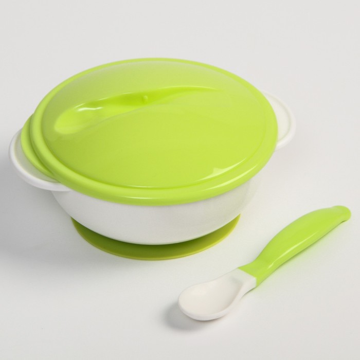 Набор детской посуды: миска на присоске 400мл., с крышкой, ложка, цвет белый/зеленый - фото 1888216932