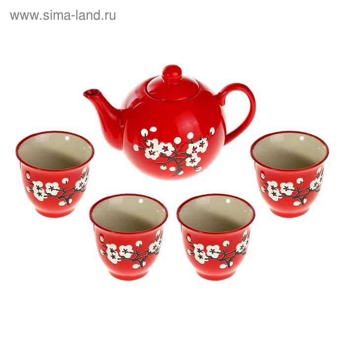 Набор для чайной церемонии "Белая сакура на красном", 5 предметов: чайник 600 мл, чашка 70 мл - Фото 1