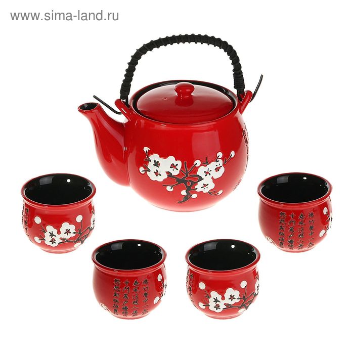 Набор для чайной церемонии «Белая сакура на красном», 5 предметов: чайник 600 мл, чашки 70 мл - Фото 1