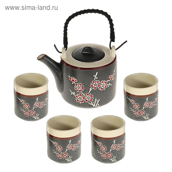 Набор для чайной церемонии 5 предметов "Красная сакура" (чайник 600 мл, чашка 70 мл) - Фото 1