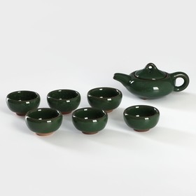 Набор для чайной церемонии керамический «Лунный камень», 7 предметов: чайник 150 мл, 6 пиал 50 мл, цвет зелёный