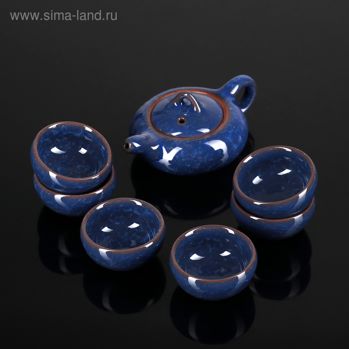 Набор для чайной церемонии керамический «Лунный камень», 7 предметов: чайник 150 мл, 6 пиал 50 мл, цвет синий - Фото 1