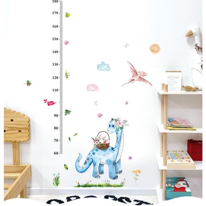 Наклейка пластик интерьерная цветная ростомер "Динозаврик и корзина с цветами" 50х70 см - фото 7527002