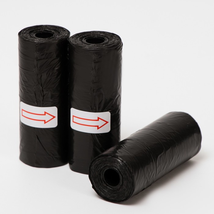Пакеты для уборки за собаками, 3 рулона по 15 пакетов, 29×21 см, однотонные, чёрные - Фото 1