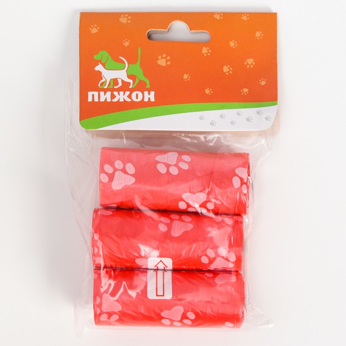 Пакеты для уборки за собаками с узором (3 рулона по 15 пакетов 29х21 см), красные - Фото 1