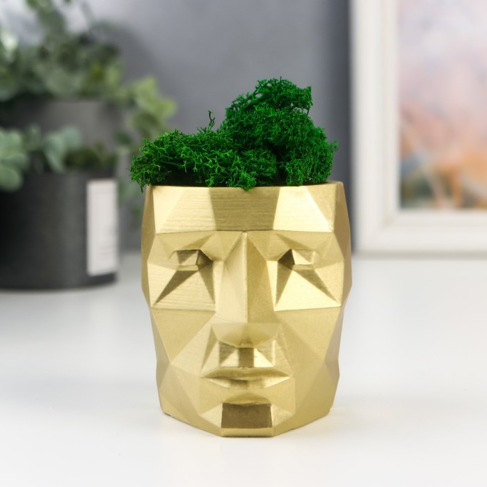 Кашпо бетонное "Голова" со мхом высота 8,5 см золото (мох зеленый стабилизированный)