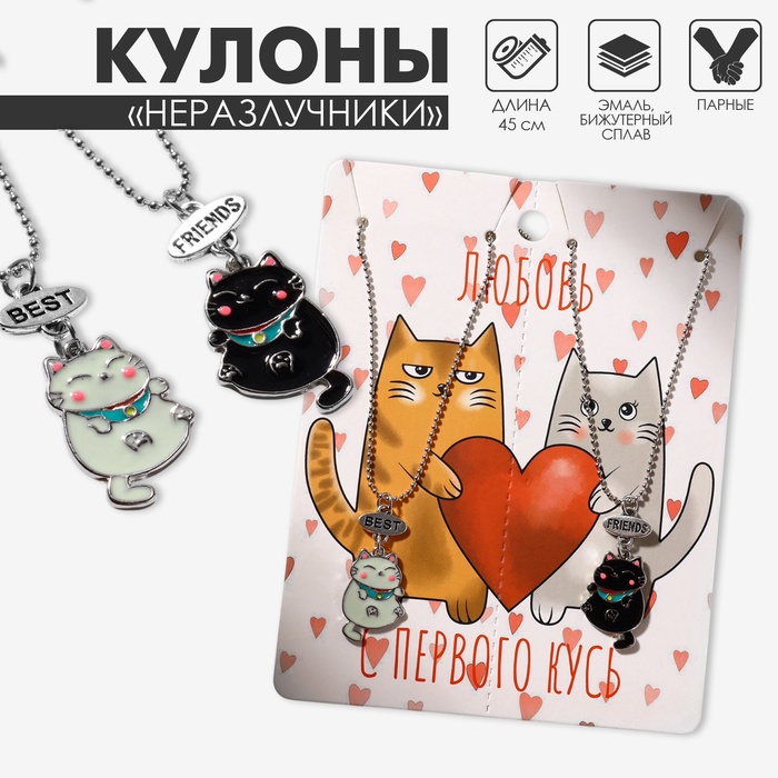 Кулоны парные «Пузатые котики», цвет чёрный/белый, 45 см - Фото 1
