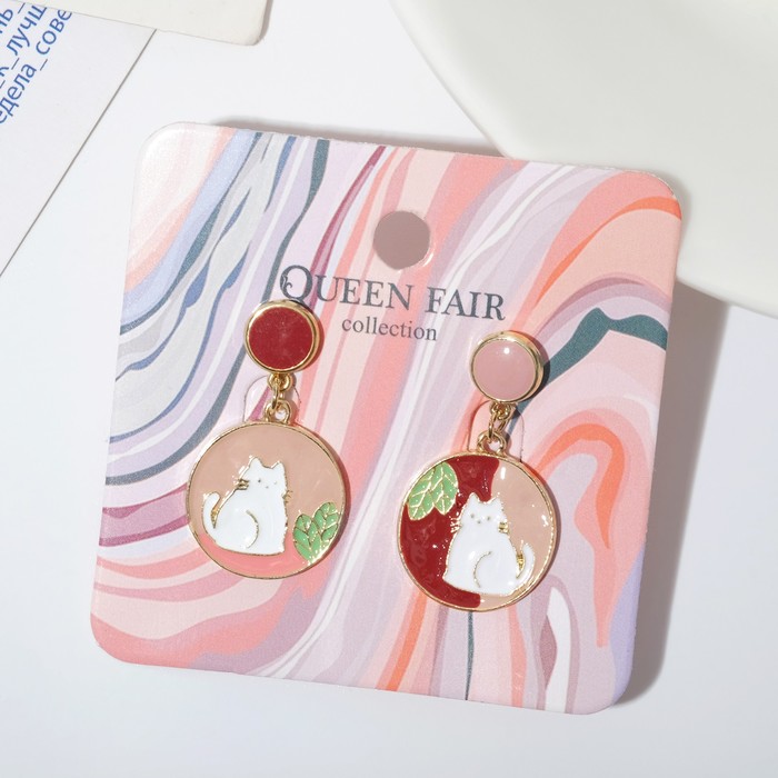 Серьги с эмалью «Кошка» в кругах, цветные в золоте - Фото 1