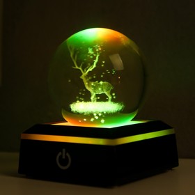 Сувенир стекло подсветка 'Олень' d=6 см подставка LED от 3AAA, провод USB 9х7х7 см