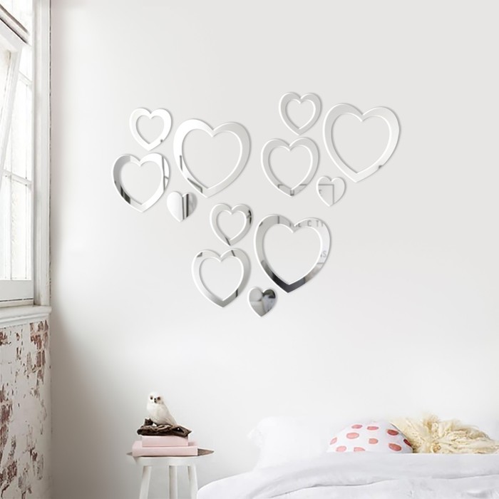 Наклейки интерьерные "Сердца", зеркальные, декор на стену, набор 12 шт, шт 5.5 - 14.6 см - Фото 1