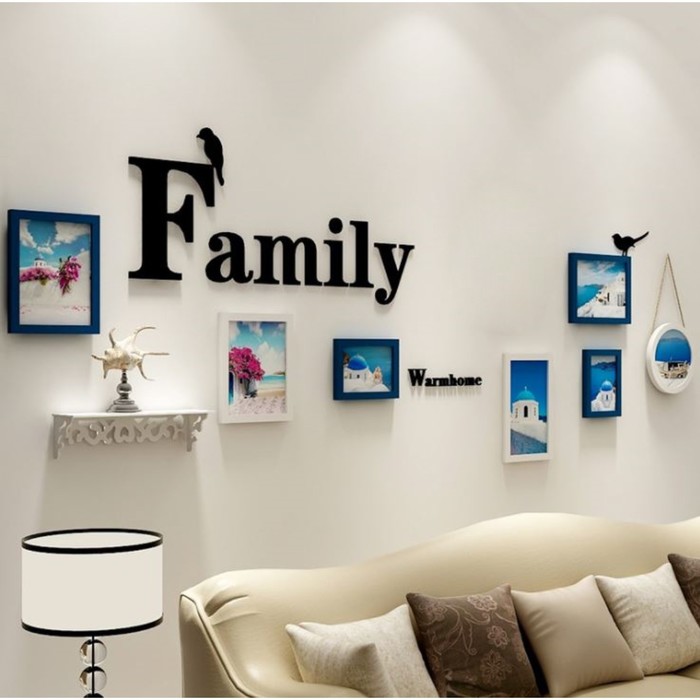 Фоторамка пластик на 7 фото+надпись+полочка Family. Птицы сине-белые набор 86х186 см