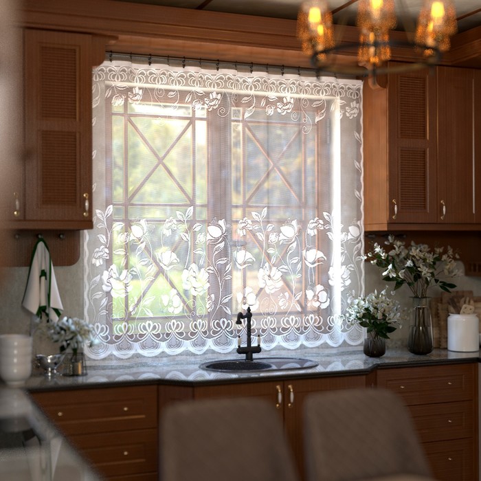 Штора на кухню без шторной ленты, 200х165 см, цвет белый, 100% полиэстер - Фото 1