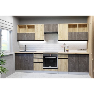 Кухонный гарнитур прямой «Виола Экстра», 3000×600 мм, цвет белый/дуб бунратти/бетон тёмный/дуб золотой