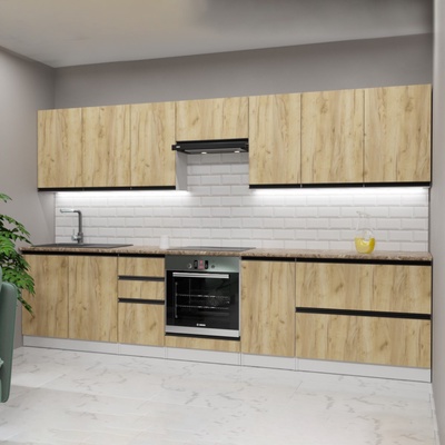 Кухонный гарнитур прямой «Янтарь Экстра», 3000×600 мм, цвет белый/аламбра тёмная/дуб золотой