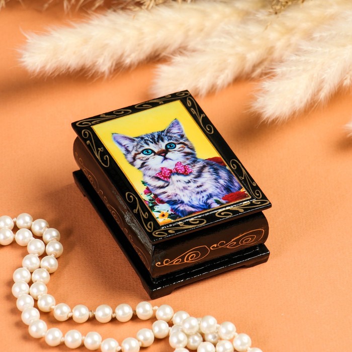 Шкатулка "Котенок с бабочкой" , 6х9 см , лаковая миниатюра - фото 1907351244