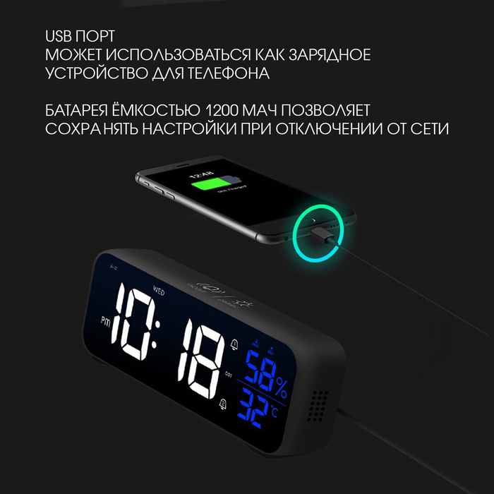 Часы электронные настольные с будильником, с подвесом, 2400 мАч, 3.5 х 7 х 26.5 см - фото 51671777 Часы электронные настольные с будильником, с подвесом, 2400 мАч, 3.5 х 7 х 26.5 см - фото 51671777